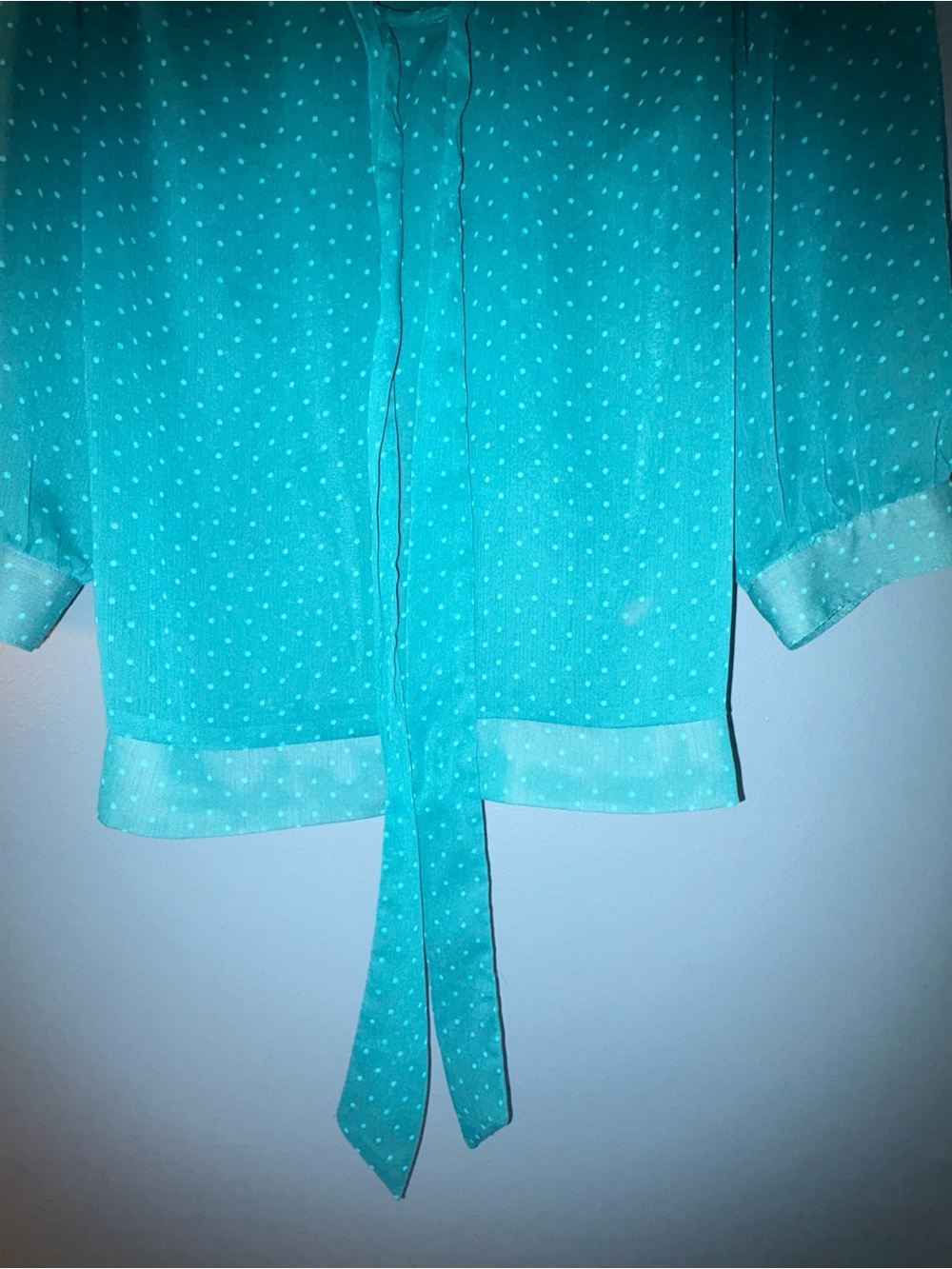 The Limited Teal Polka Dot Tie Neck Blouse XS | Sheer 3/4 Sleeve - Picture 8 of 8